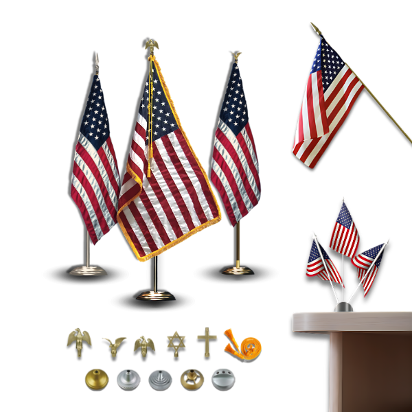 American flags and various symbols displayed