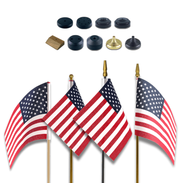 American flags with bases and finials