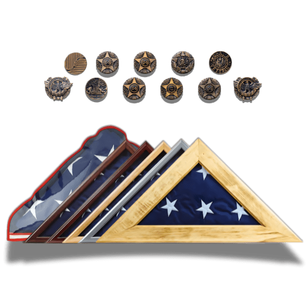 Triangular folded flags with medals above