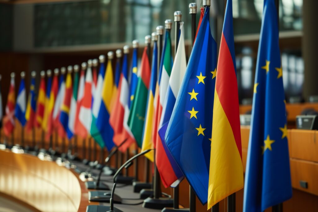 European flags in a conference hall