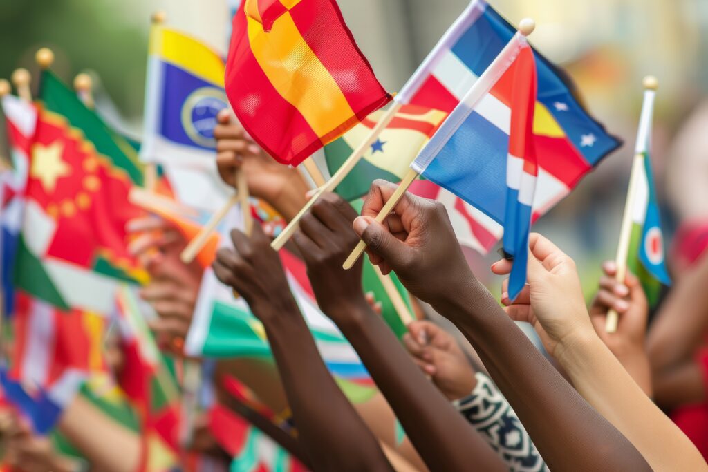 Hands holding various international flags
