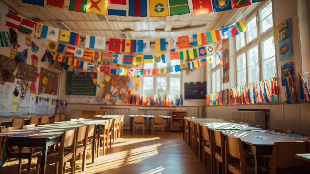 Classroom decorated with international flags