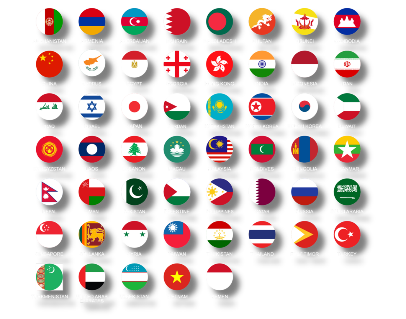 Various flags of Asian countries displayed