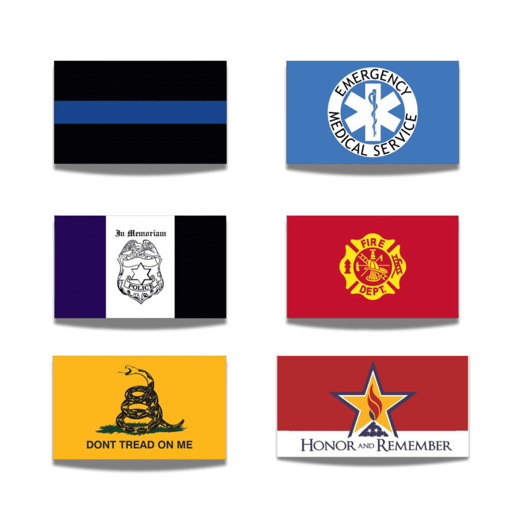 Six symbolic flags representing various services