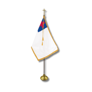 Christian flag on brass stand with fringe