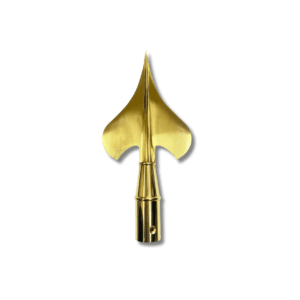 Gold spade-shaped spearhead on black background
