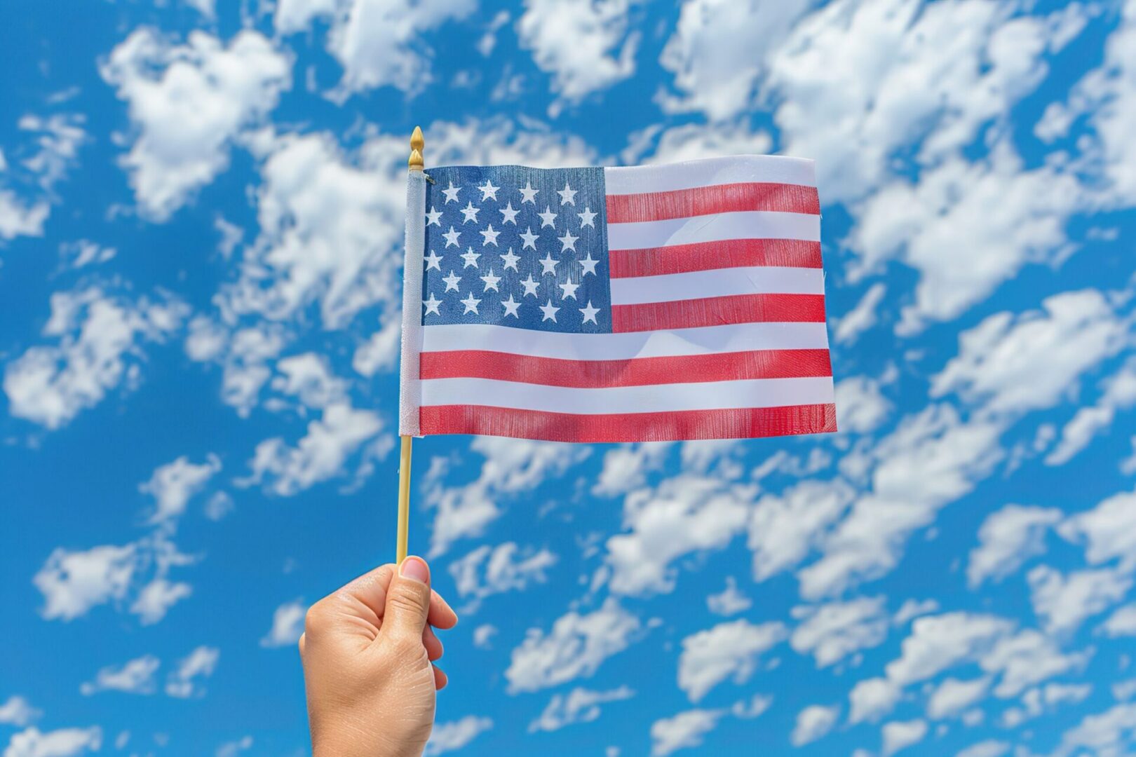 Hand holding small American flag against cloudy sky